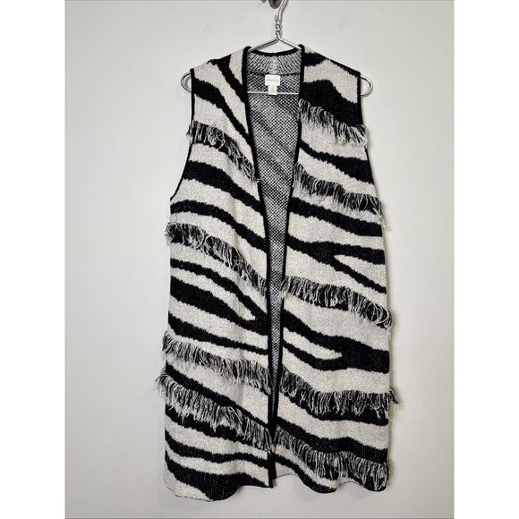 Chico's Chunky Knit Sweater Vest Size L Long Duster Open Fringe Artsy Eclectic - Picture 1 of 6
